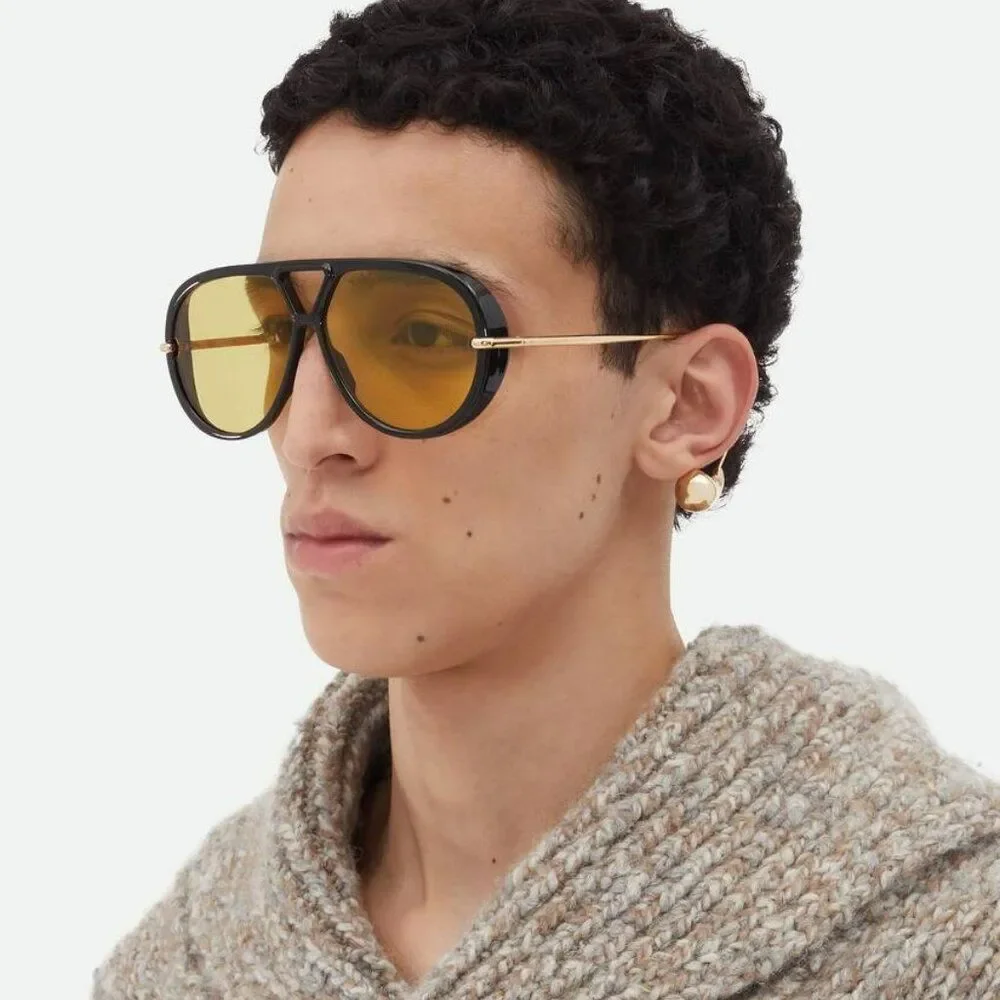 NEW Bottega Veneta BV1273S 003 Black Gold Yellow Pilot Unisex Sunglasses